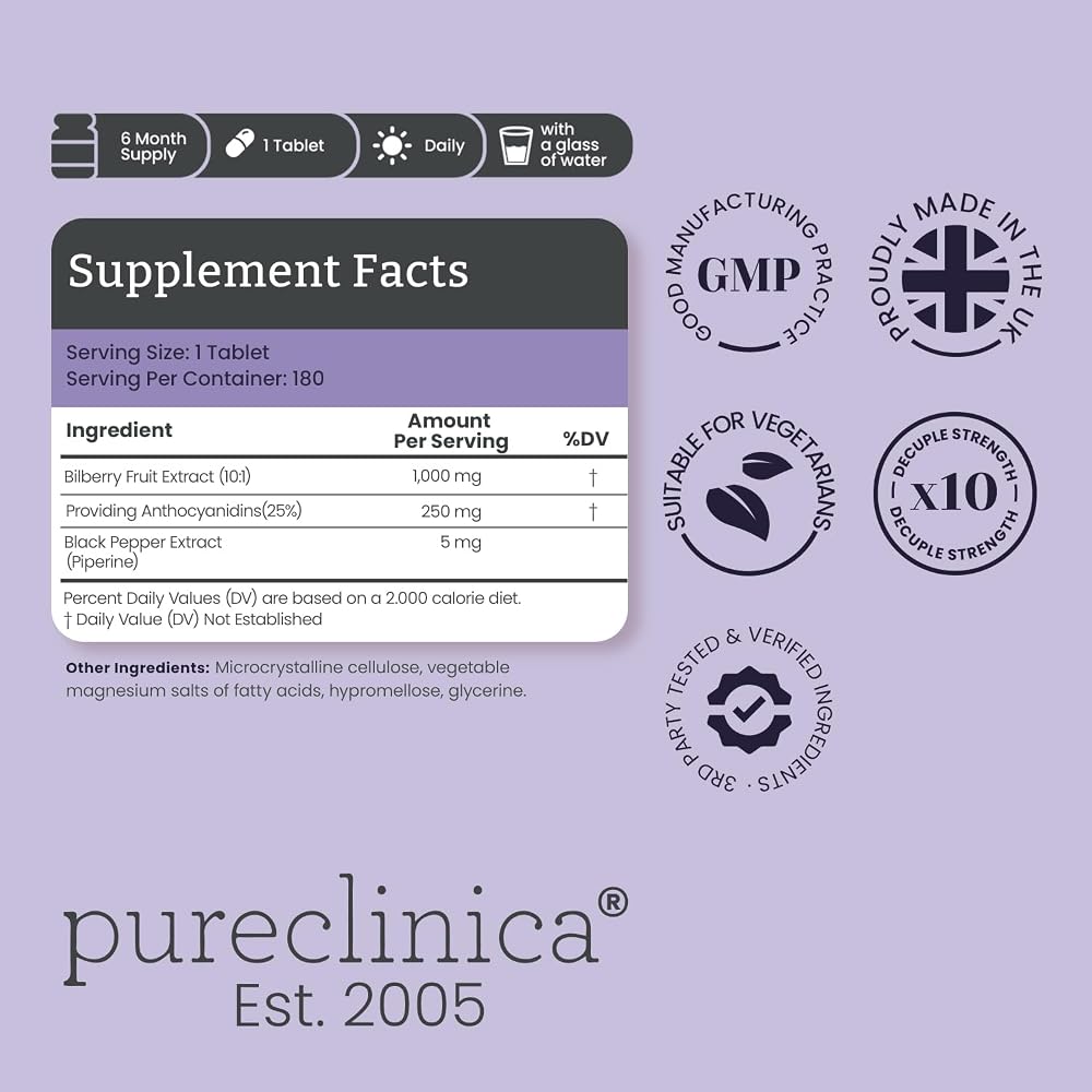 pureclinica Bilberry Extract 1000mg High Strength - 180 Tablets - image 2