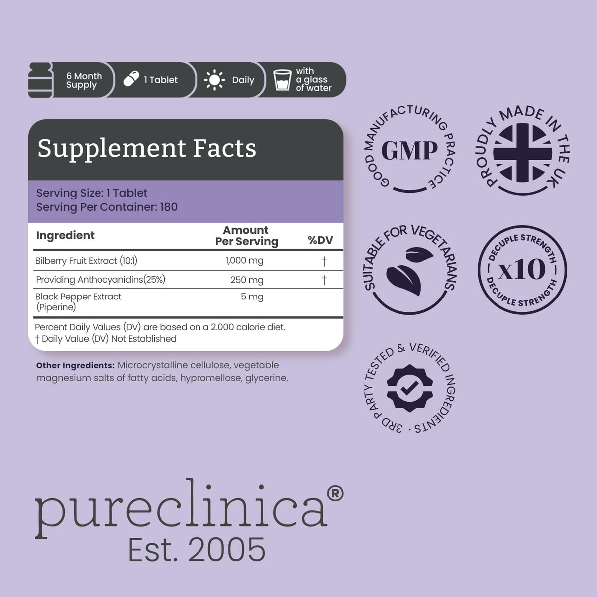 pureclinica Bilberry Extract 1000mg High Strength - 180 Tablets - image 2