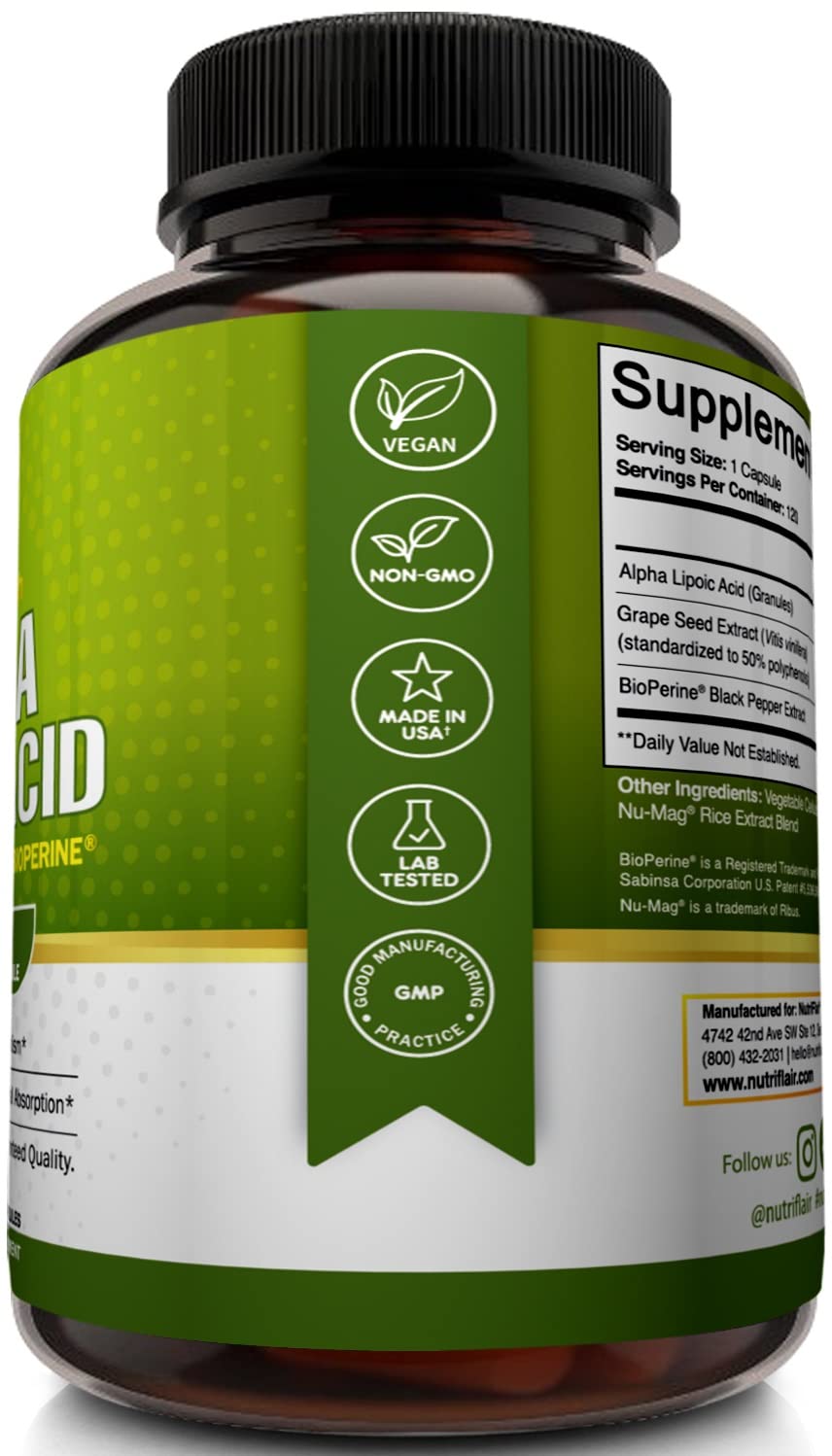 NutriFlair Alpha Lipoic Acid 600mg with Grape Seed & BioPerine - 120 Capsules - image 4