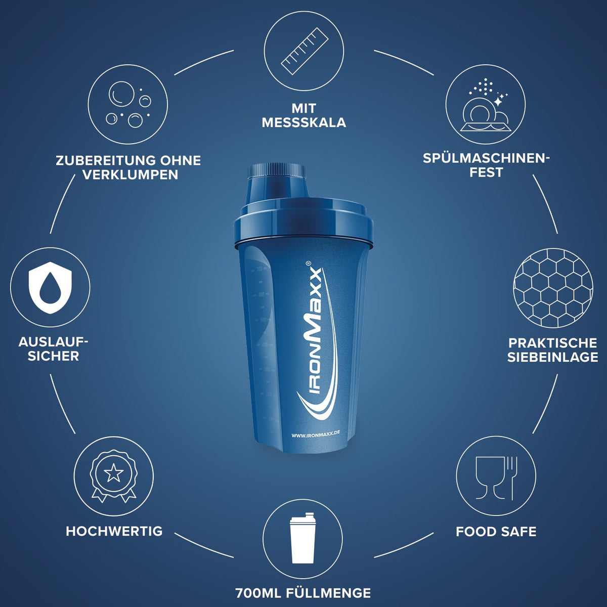 IronMaxx 700ml Protein Shaker with Sieve and Measuring Scale - Dark Blue - image 4