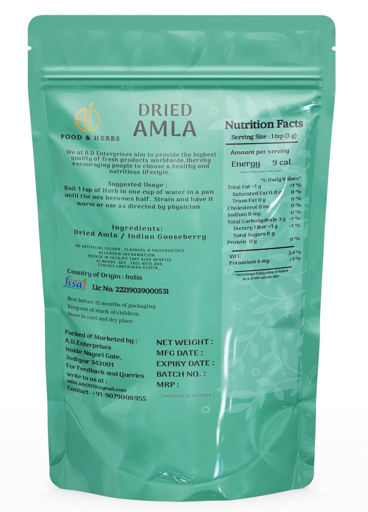 A D Food & Herbs Organic Amla Powder/Indian Gooseberry/Embica
