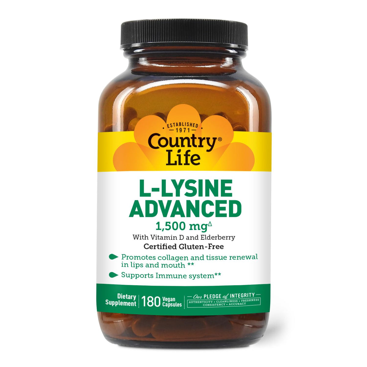 Country Life L-Lysine Advanced 1500 mg with Vitamin D3 - 180 Capsules