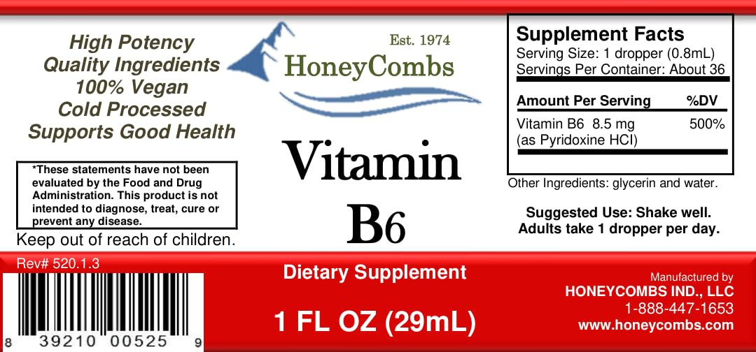 HoneyCombs Vitamin B6 Liquid Drops Pyridoxine HCl - 1 Fl Oz - image 2