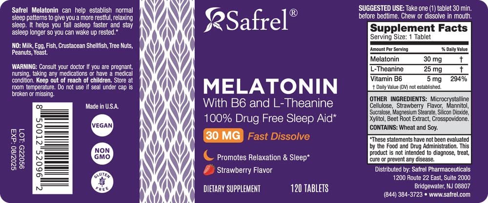 Safrel Melatonin 30mg with B6 & L-Theanine - 120 Tablets - image 4