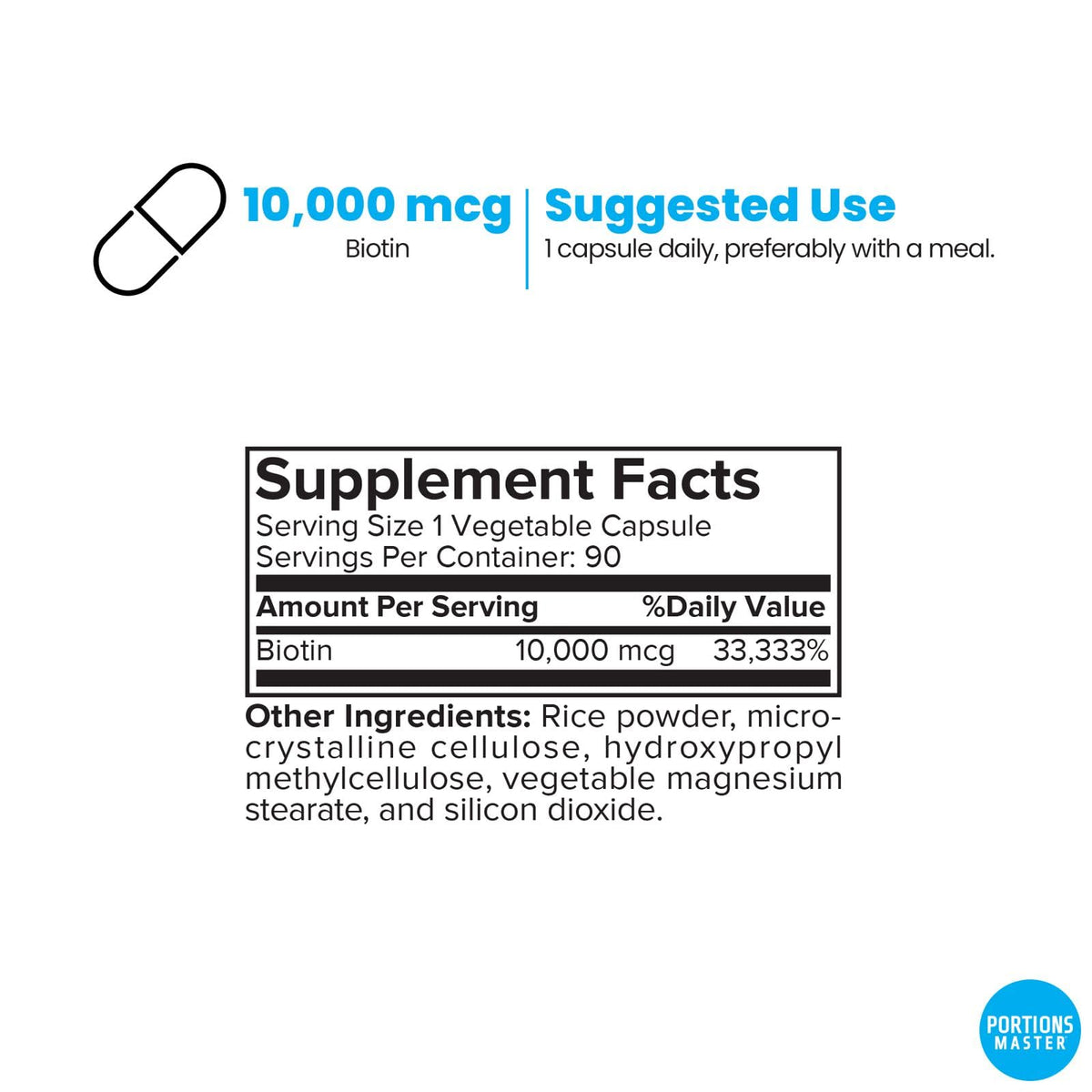 Portions Master Biotin 10000mcg Hair, Nails & Skin - 90 Vegetarian Capsules - image 2