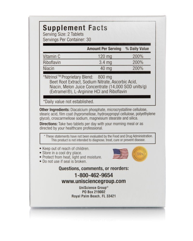 UniScience Group Nitrinol Nitric Oxide Booster with Beetroot - 120 Tablets - image 2