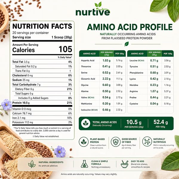 NURTIVE Flaxseed Protein Powder Plant-Based - 16 oz - image 3
