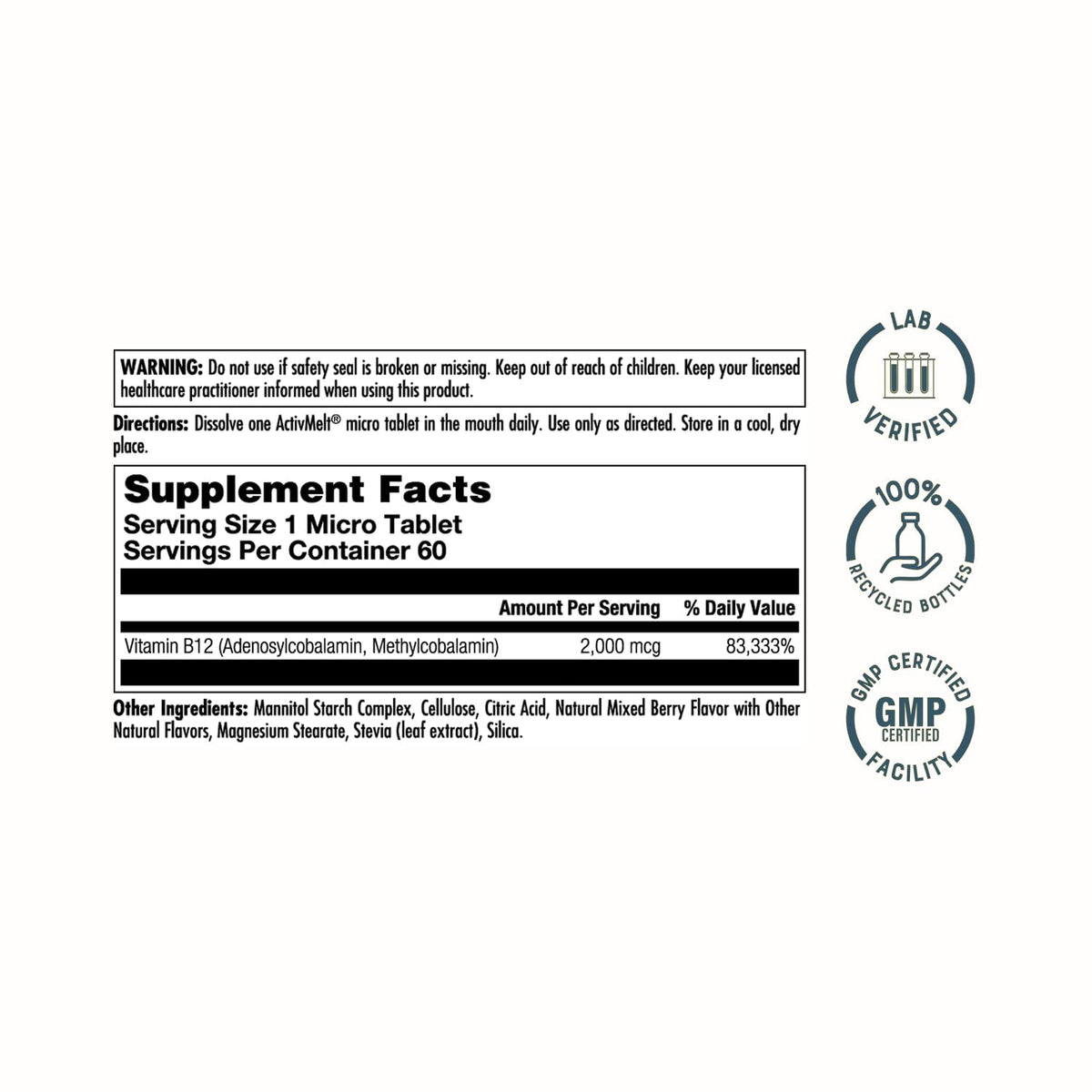 KAL Vitamin B12 Methylcobalamin and Adenosylcobalamin 2000 mcg - 60 Tablets - image 2