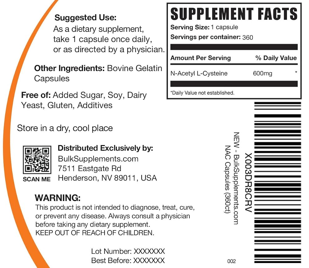 BulkSupplements N-Acetyl L-Cysteine 600mg - 360 Capsules - image 6