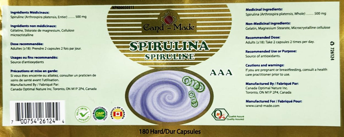 Cand-Made 100% Natural Spirulina 500mg - 180 Capsules - image 2
