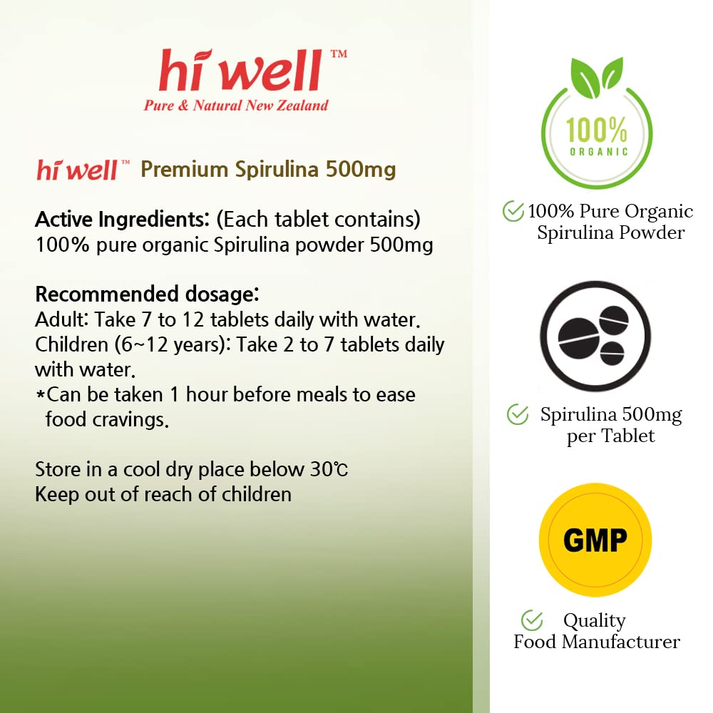 Hi Well Premium Spirulina 500mg Organic - 500 Tablets - image 7