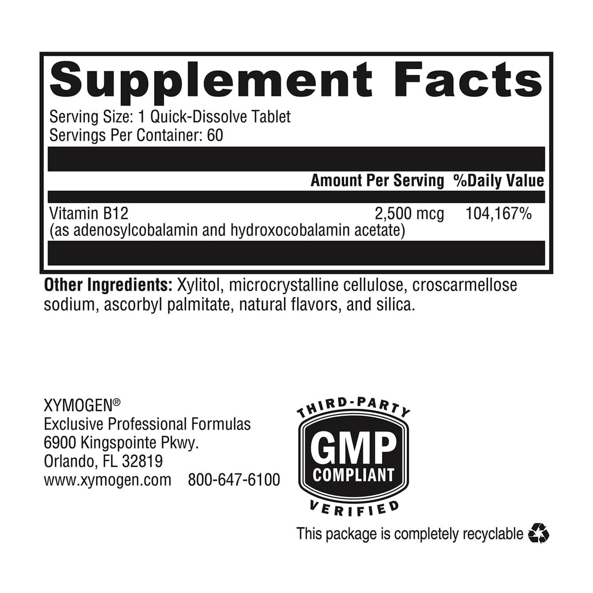 XYMOGEN Adeno+Hydroxo B12 Vitamin B12 Nervous System Support - 60 Tablets - image 2
