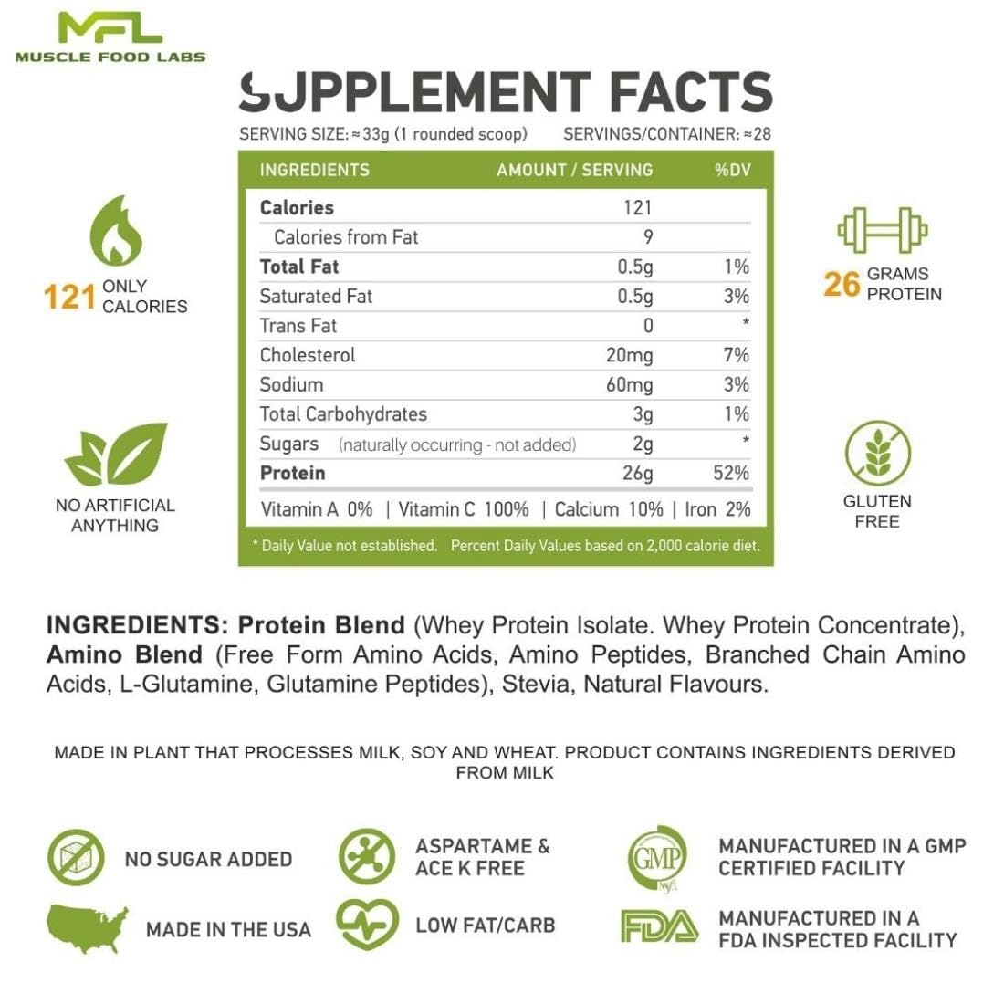MFL Muscle Whey Protein l 28g of Protein l 8g BCAAs l Keto Friendly l