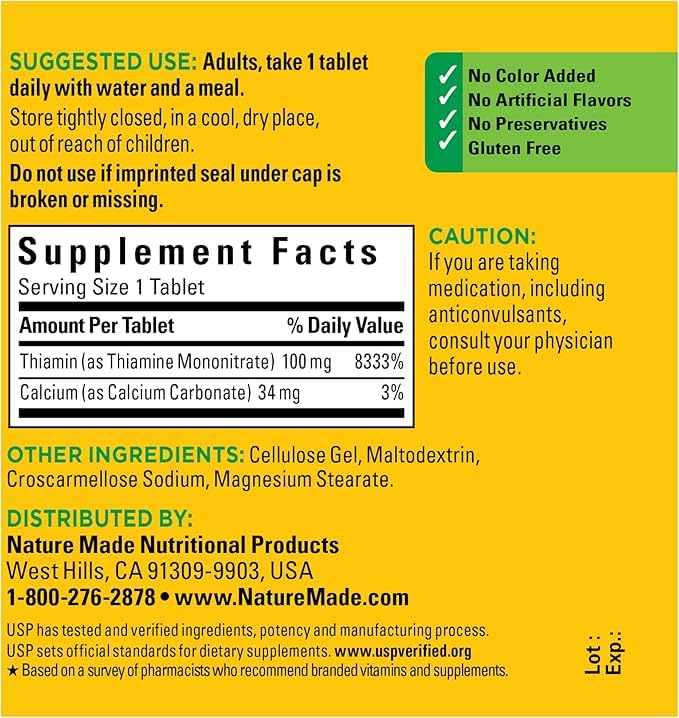 Nature Made Vitamin B1 100 mg Energy Metabolism Support - 100 Tablets - image 6