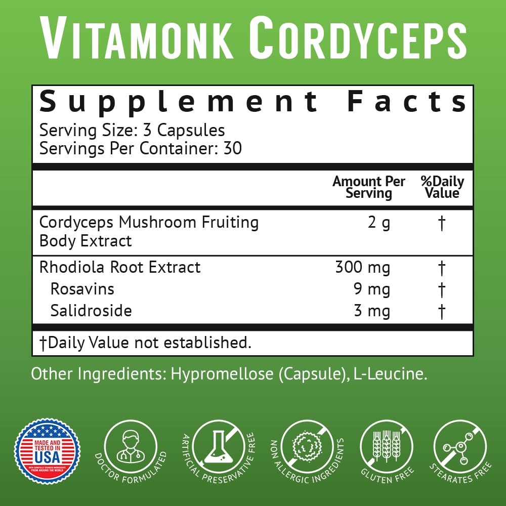 VitaMonk Cordyceps Mushroom Capsules with Rhodiola for Energy - 90 Count - image 8