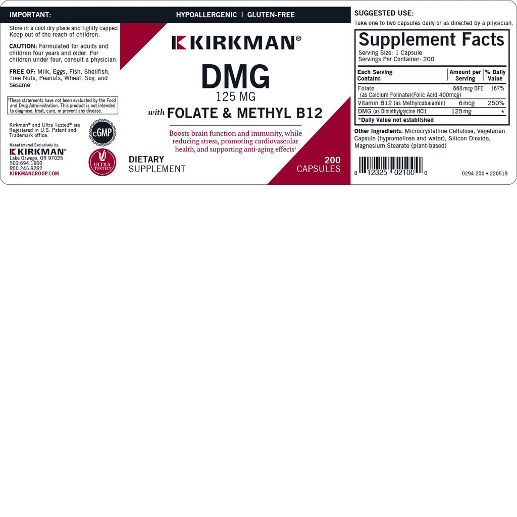 Kirkman DMG with Folate and Methyl B12 125 mg - 200 Capsules - image 3