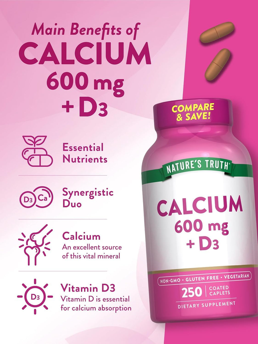 Nature's Truth Calcium 600 mg + D3 - 500 Tablets - image 3