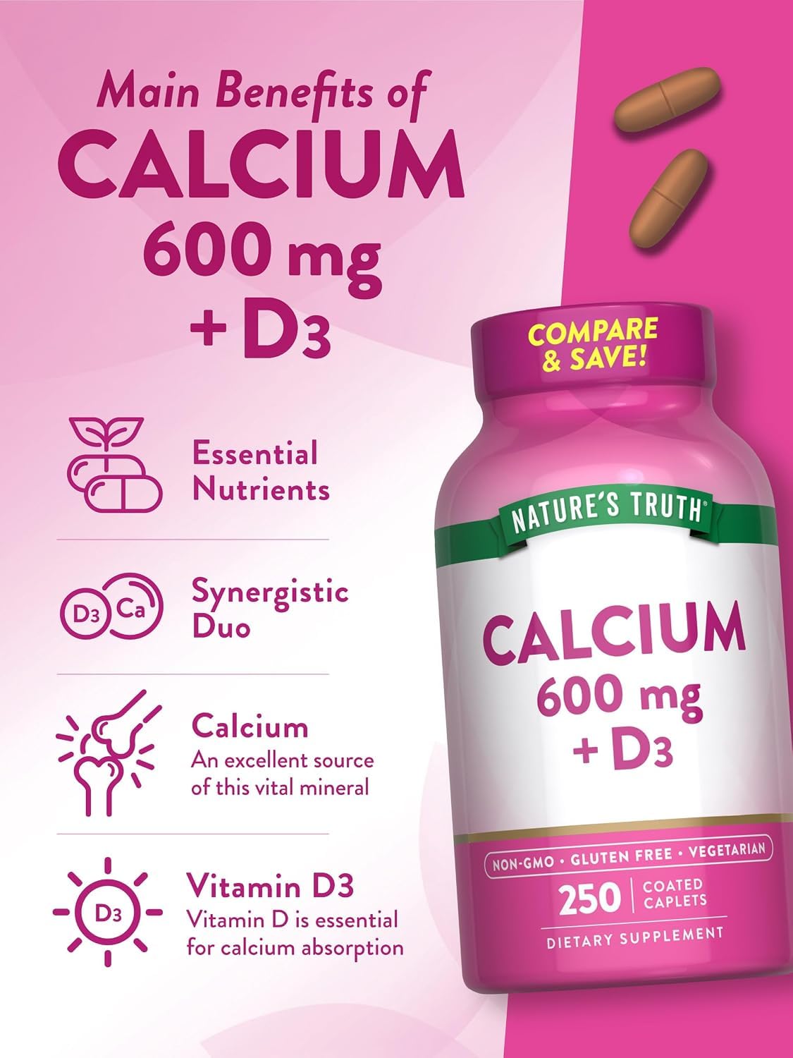 Nature's Truth Calcium 600 mg + D3 - 500 Tablets - image 3