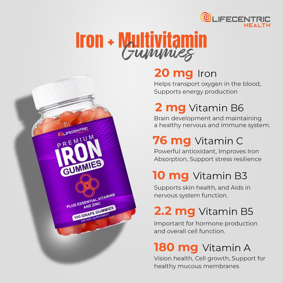 LifeCentric Health Iron Gummies with Biotin & Zinc - 100 Count - image 7