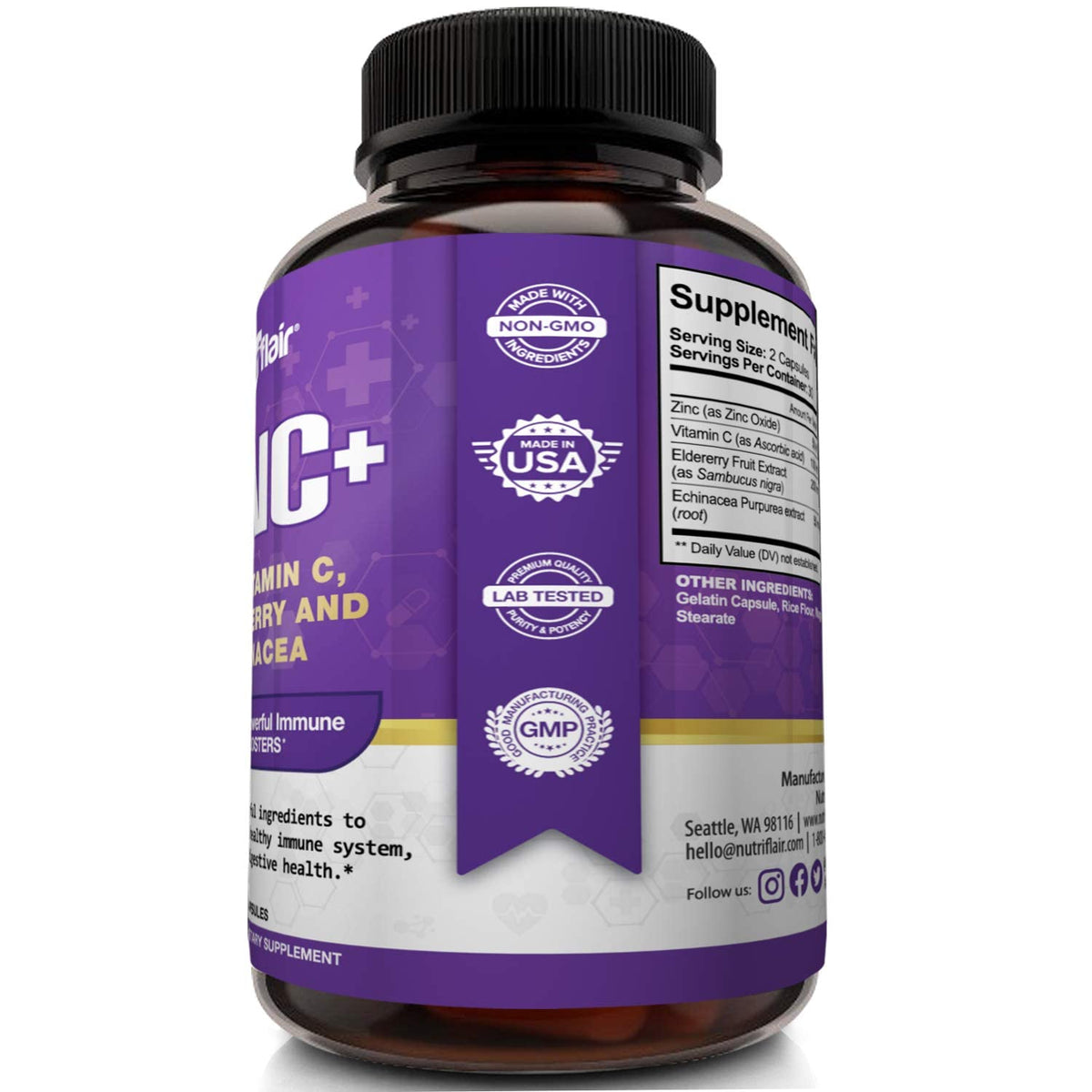 NutriFlair Zinc 50mg with Vitamin C & Elderberry - 60 Capsules - image 3