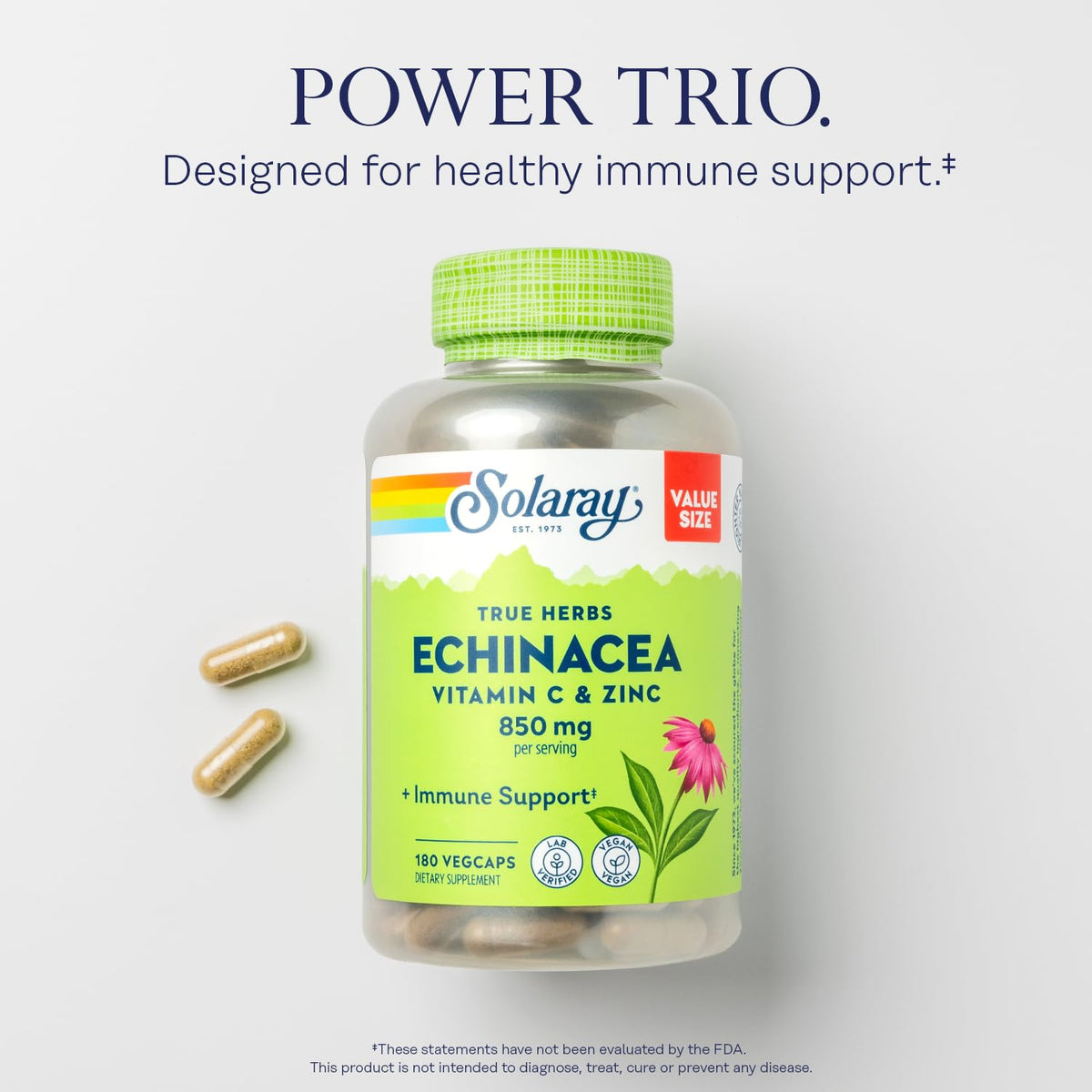SOLARAY Echinacea with Vitamin C & Zinc Immune Support - 180 Vegetarian Capsules - image 3