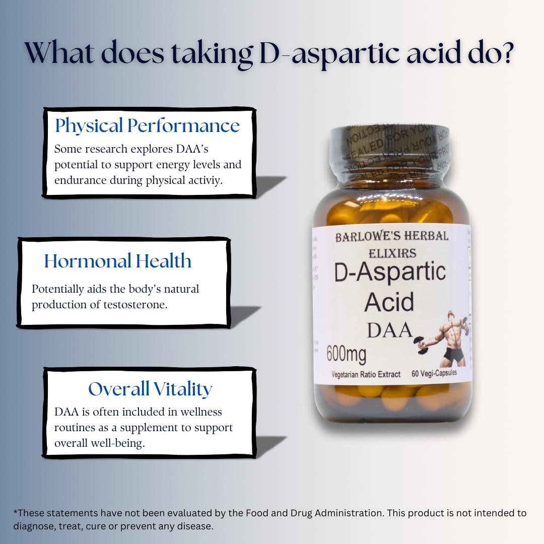 Barlowe's Herbal Elixirs D-Aspartic Acid 600 mg - 60 Vegetarian Capsules - image 3