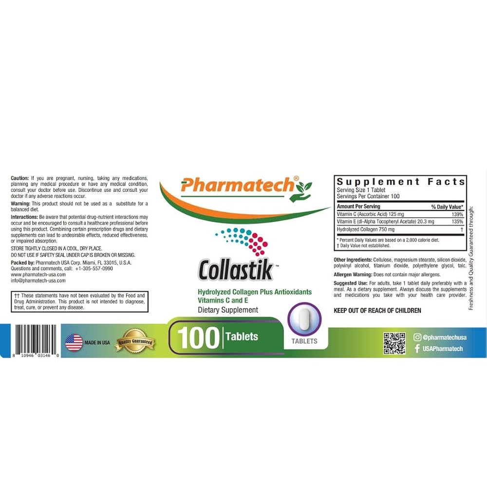 PHARMATECH Collastik Hydrolyzed Collagen with Vitamins C and E - 100 Tablets - image 2