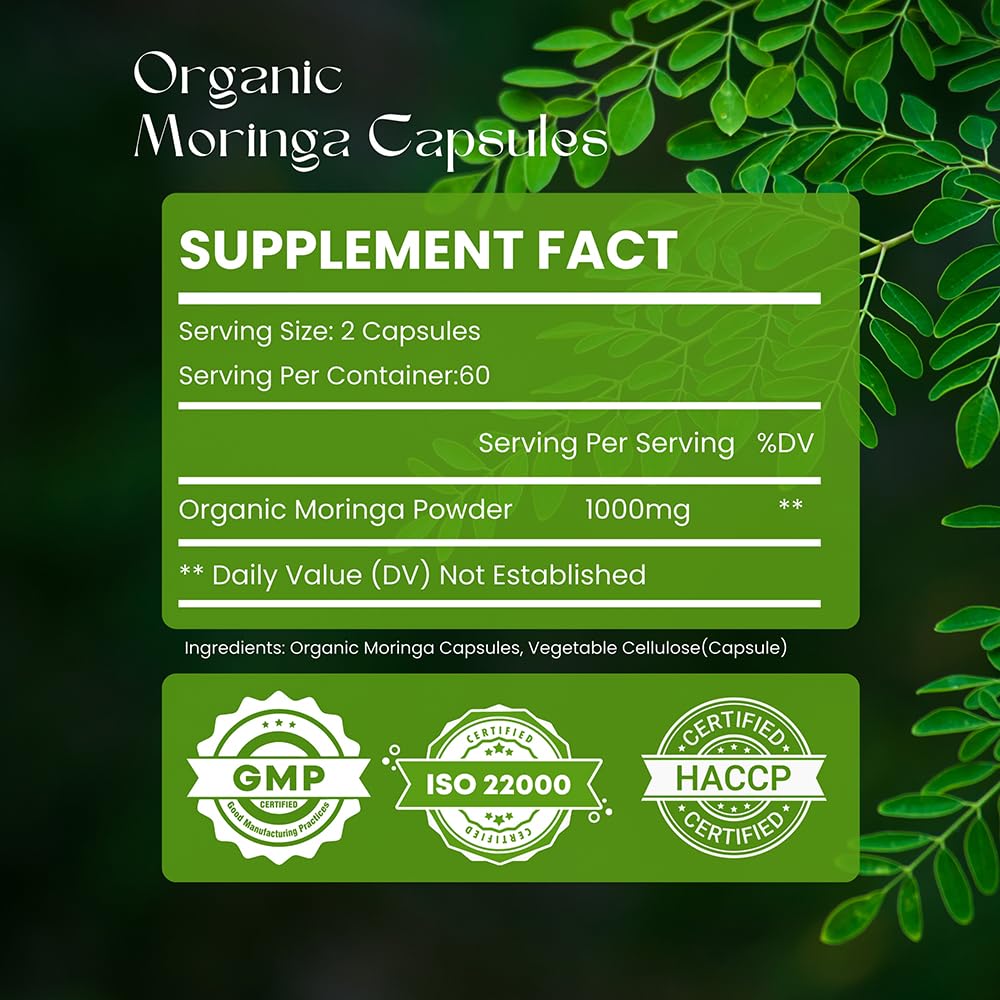 Hebhac Herbs Organic Moringa Capsules Immune Support - 120 Capsules - image 2