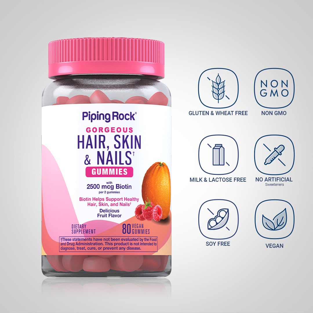 Piping Rock Hair Skin and Nails Vitamins with Biotin - 80 Gummies - image 3