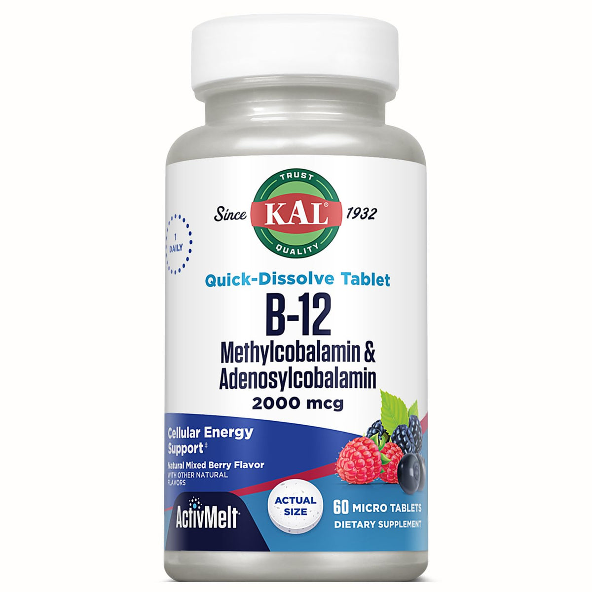 KAL Vitamin B12 Methylcobalamin and Adenosylcobalamin 2000 mcg - 60 Tablets