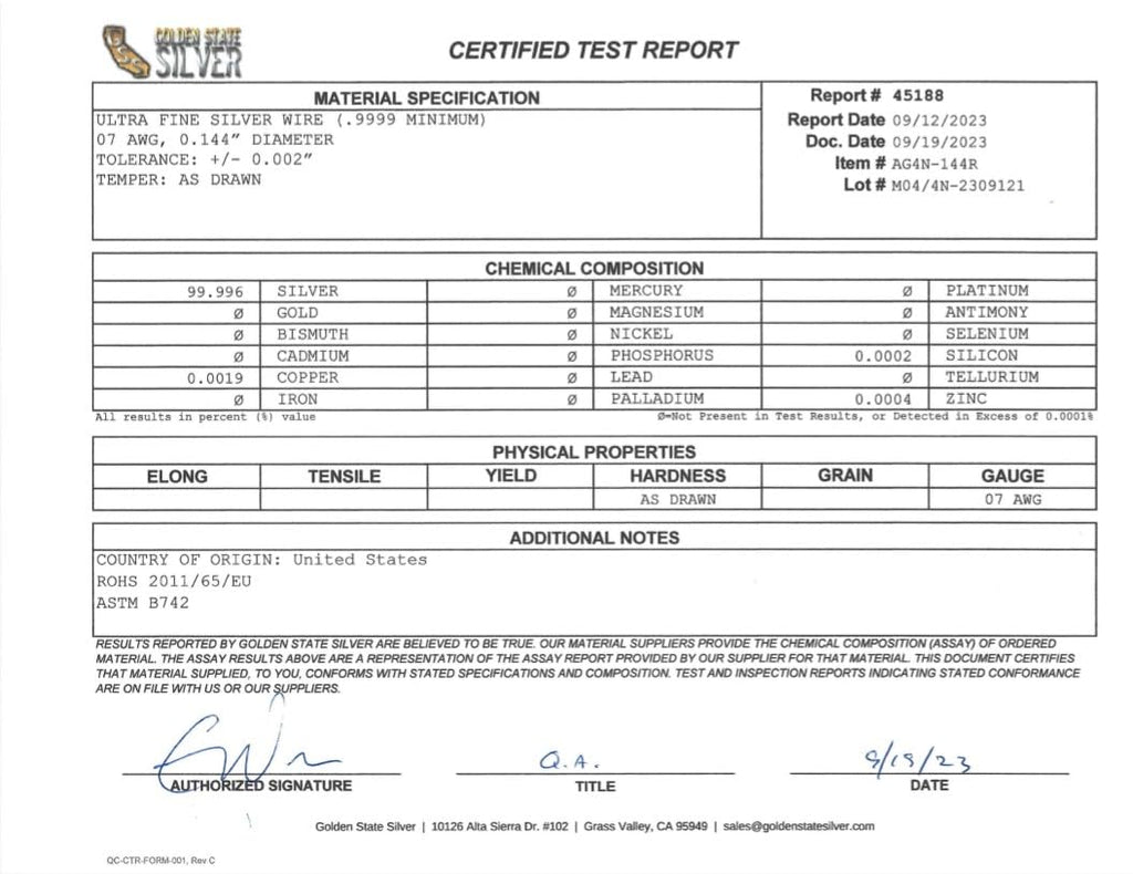 Golden State Silver 9999 Pure Silver 7 Gauge (0.144 in. / 3.66 mm)