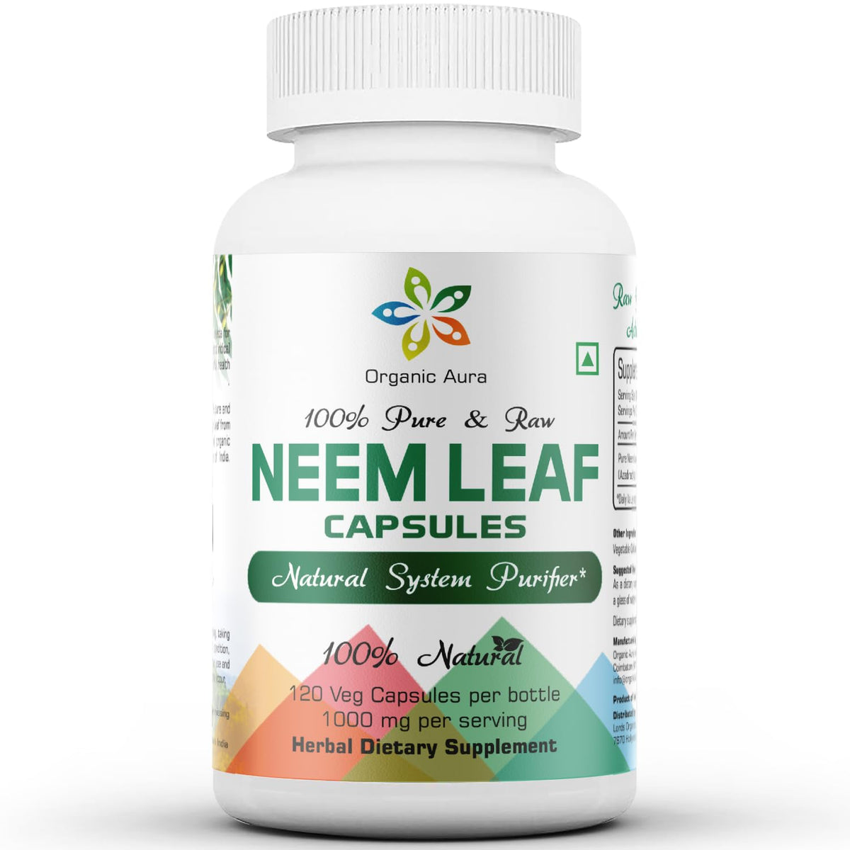Organic Aura Neem Capsules 100% Pure Whole Leaf - 120 Capsules