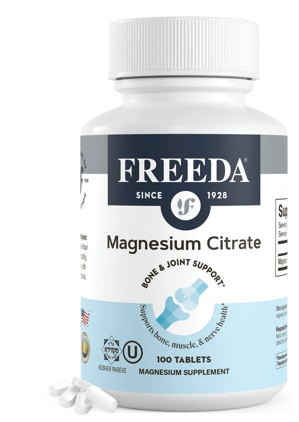 FREEDA Magnesium Citrate 400mg Tablets for Muscle Support - 100 Count