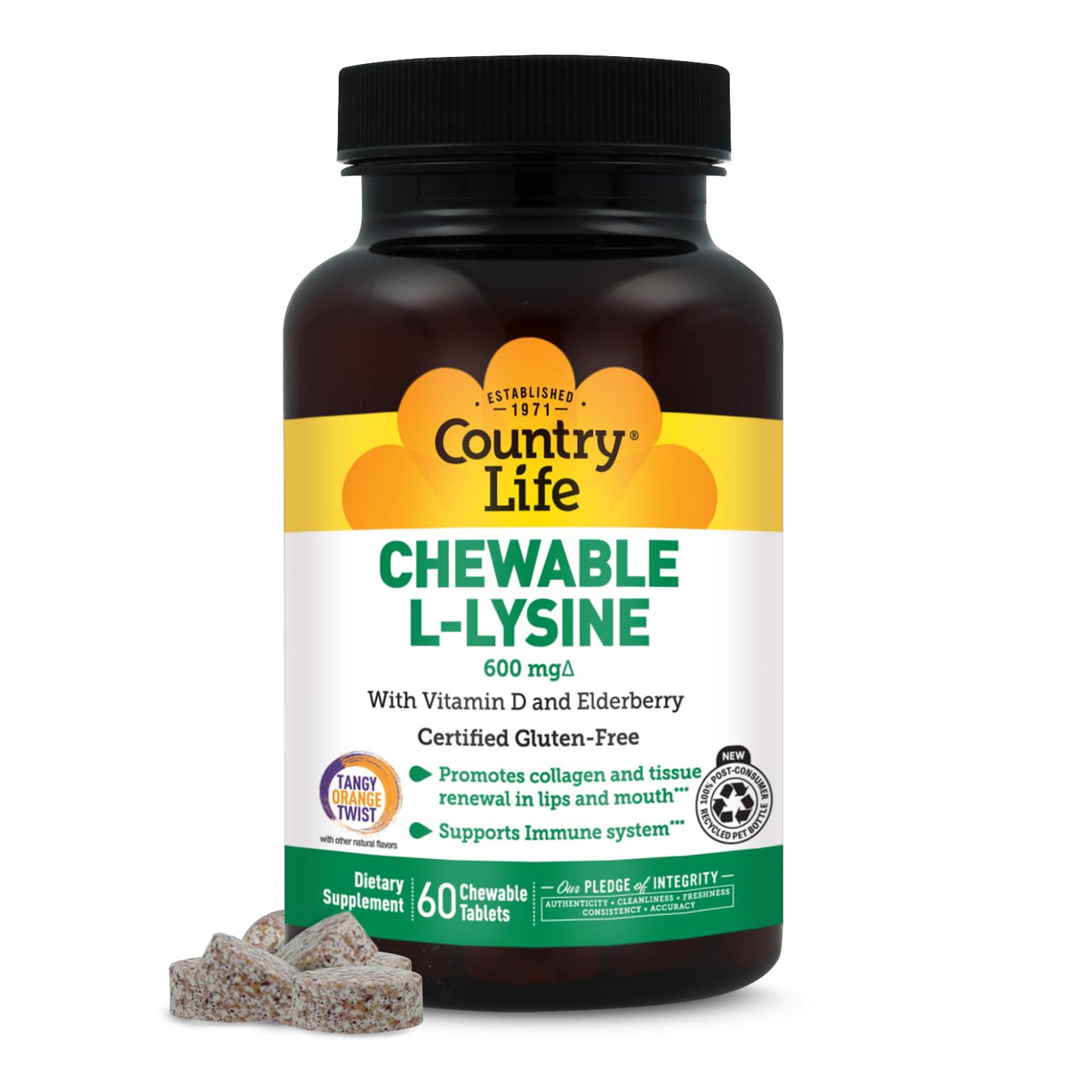 Country Life Chewable L-Lysine 600 mg with Vitamin D - 60 Tablets