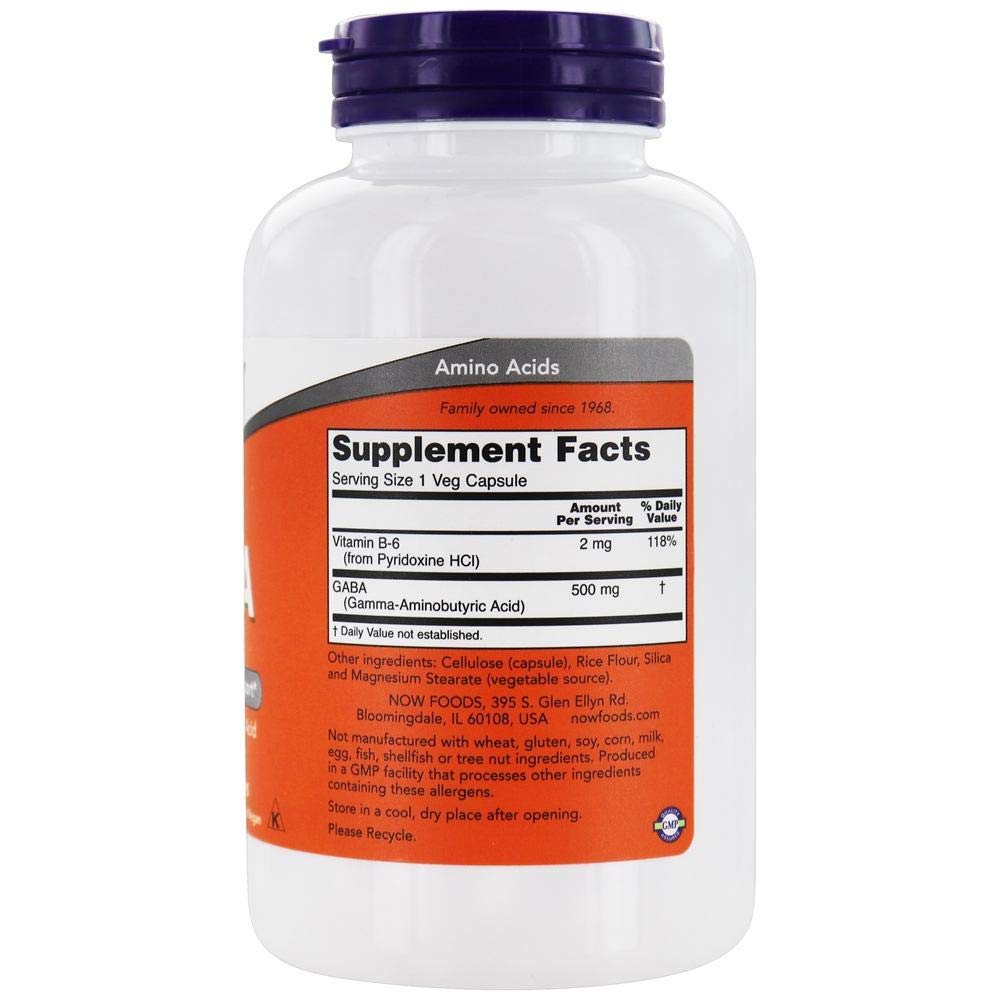 NOW Foods GABA with Vitamin B6 500 mg - 200 Vegetable Capsules - image 2