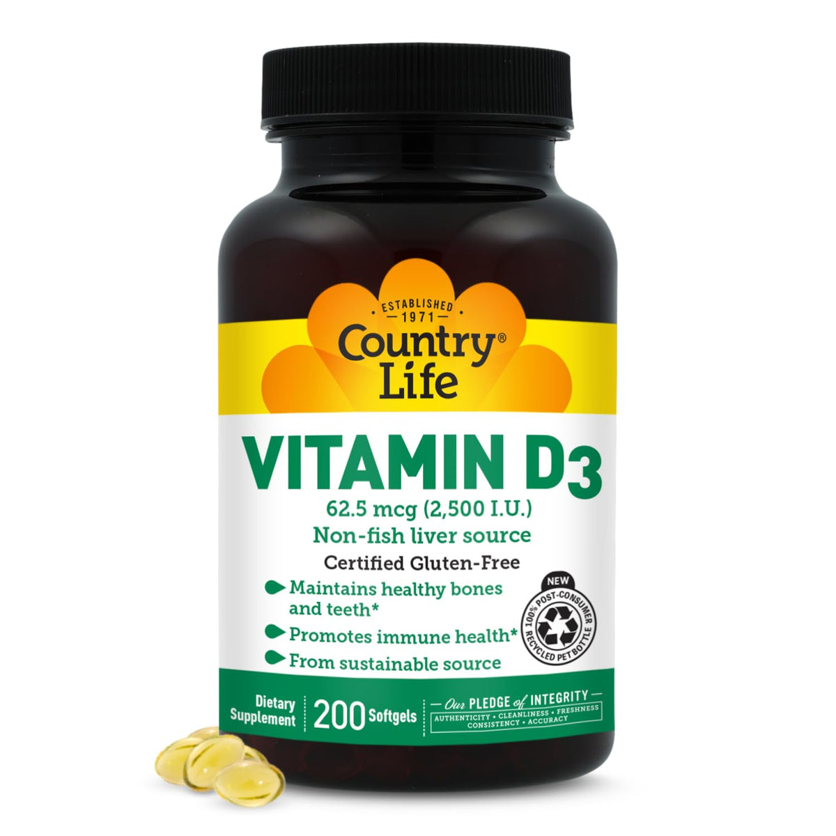 Country Life Vitamin D3 2500 IU Non-Fish Source - 200 Softgels