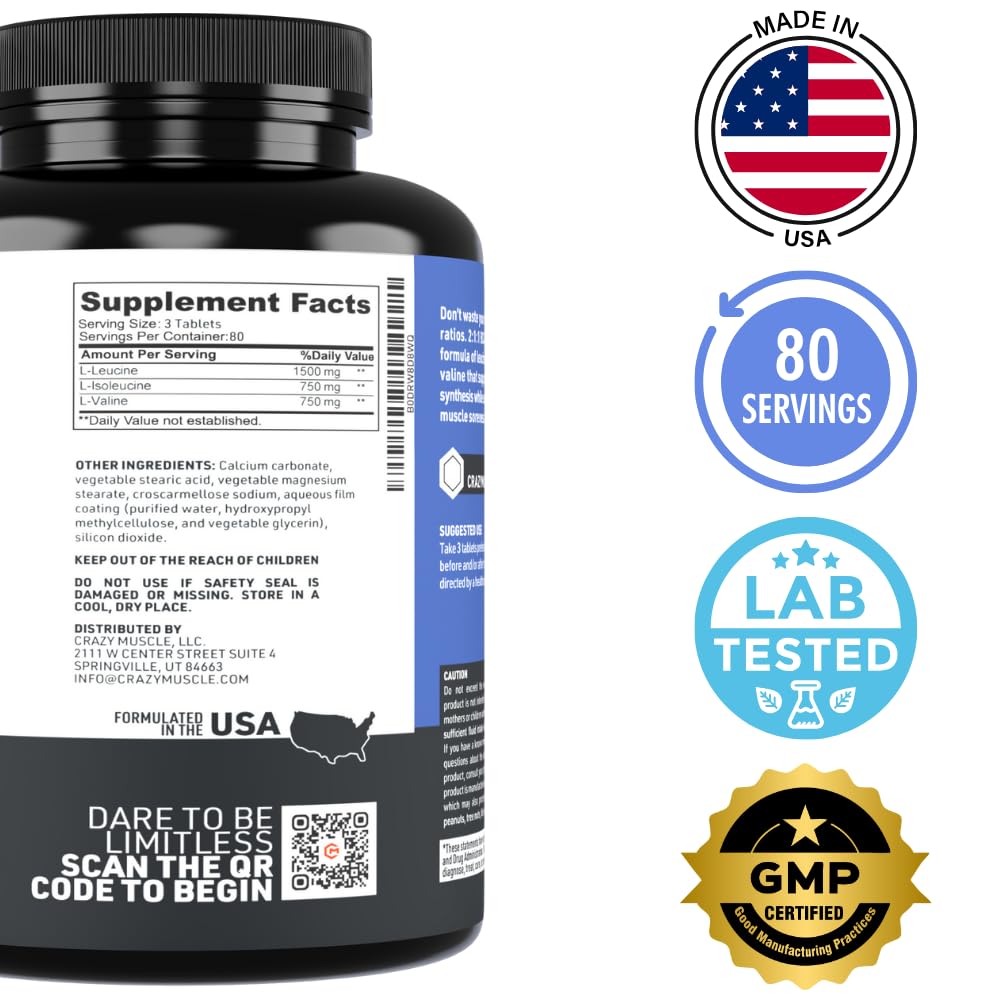 Crazy Muscle BCAA 3000mg 2:1:1 Branched-Chain Amino Acids - 240 Tablets - image 5