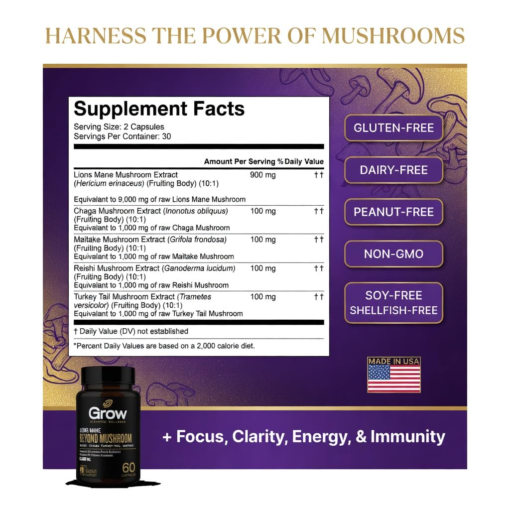 grow vitamin Organic Lion's Mane Brain Booster - 60 Vegetarian Capsules - image 5