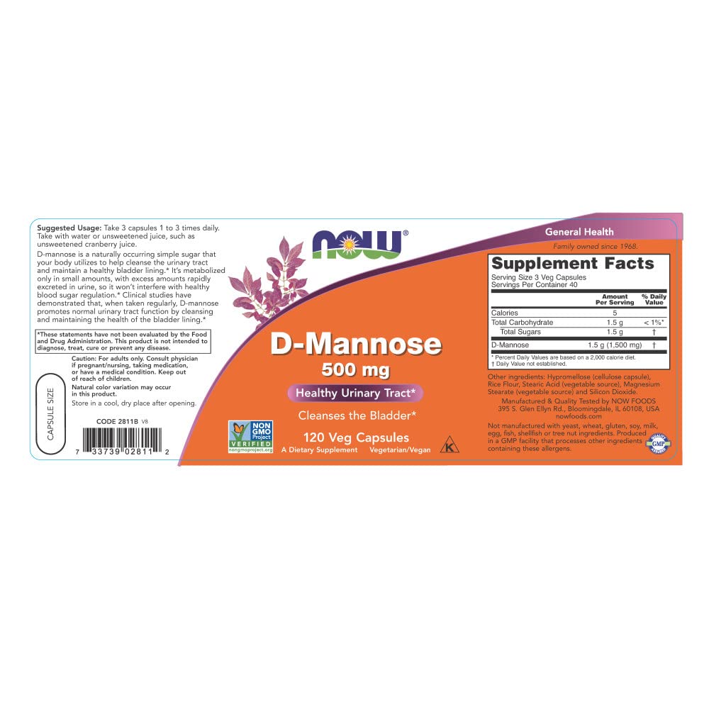 NOW Foods D-Mannose 500 mg Urinary Tract Support - 120 Vegetarian Capsules - image 2