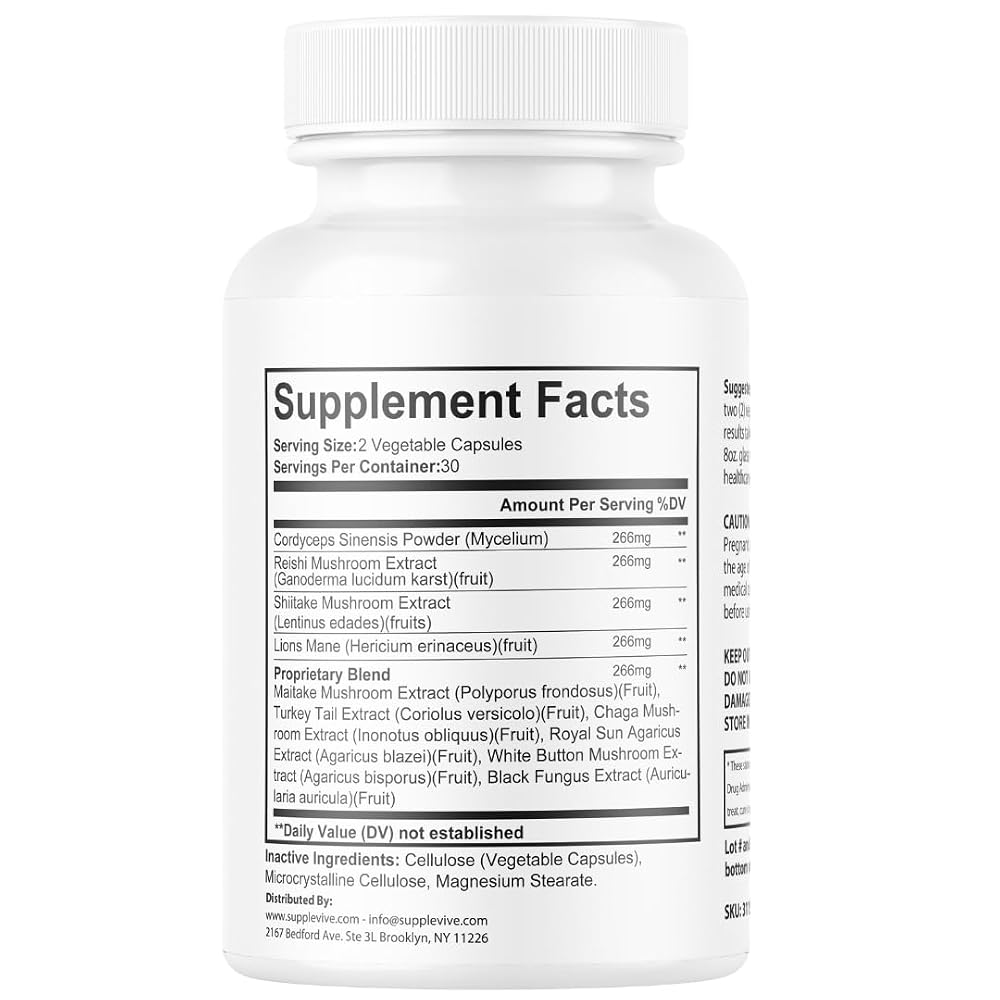 Supplevive Mushroom Caps - Ten Mushrooms Extract Blend - Lions Mane
