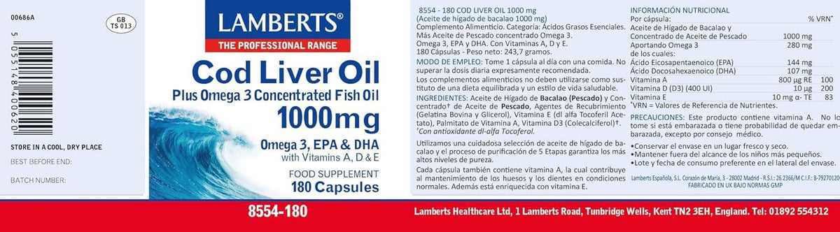 Lamberts Cod Liver Oil 1000mg Omega-3 - 180 Capsules - image 2