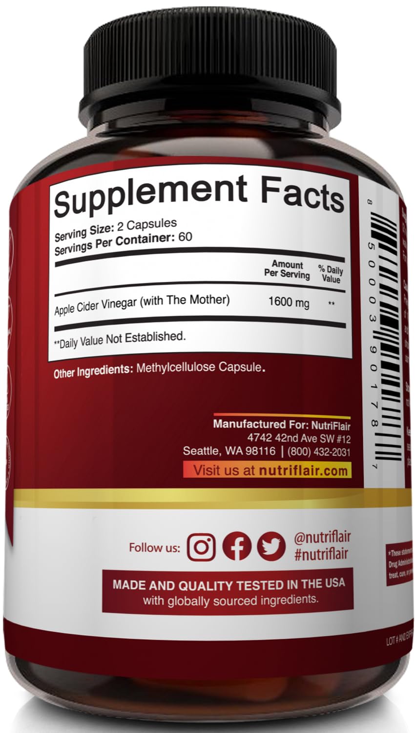 NutriFlair Apple Cider Vinegar Capsules with Mother 1600mg - 120 Capsules - image 8