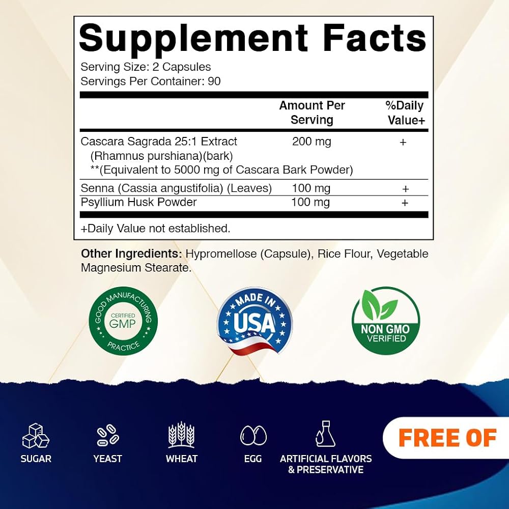 Vitamatic Cascara Sagrada Capsules with Senna & Psyllium - 180 Veg Capsules - image 2