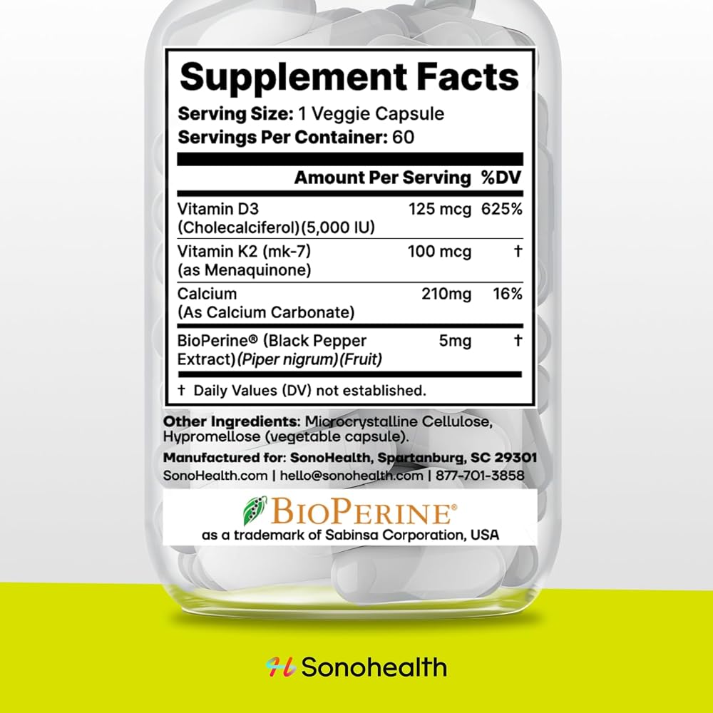 SonoHealth Vitamin D3 + K2 with BioPerine - 60 Capsules - image 5