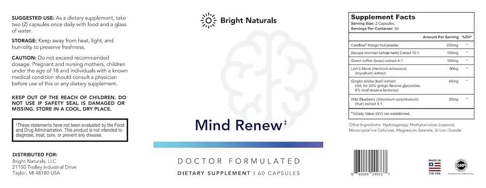 Bright Naturals Mind Renew - Brain Supplements for Memory and Focus