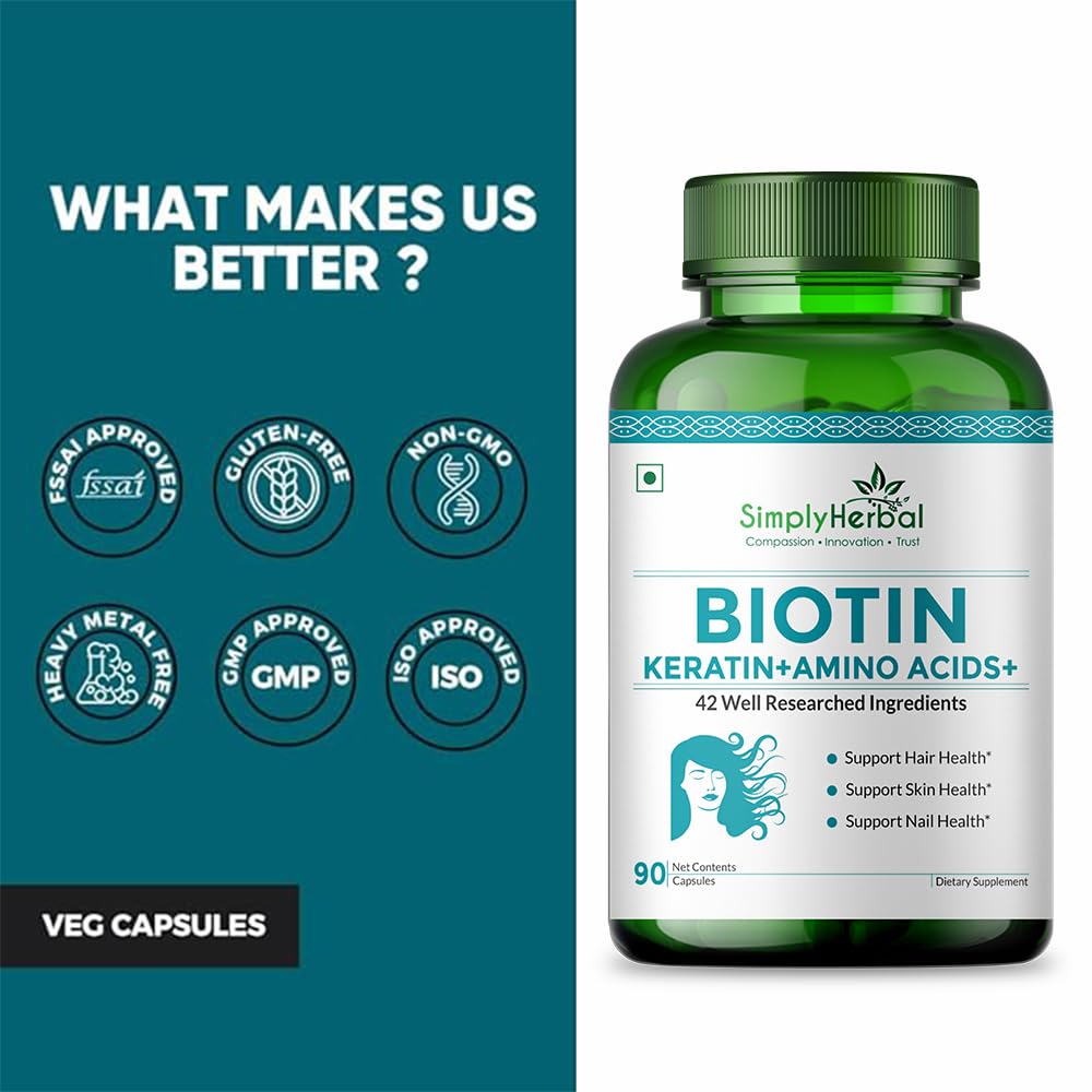 Simply Herbal Biotin Vitamin B7 for Hair, Skin & Nails - 90 Vegetarian Capsules - image 8