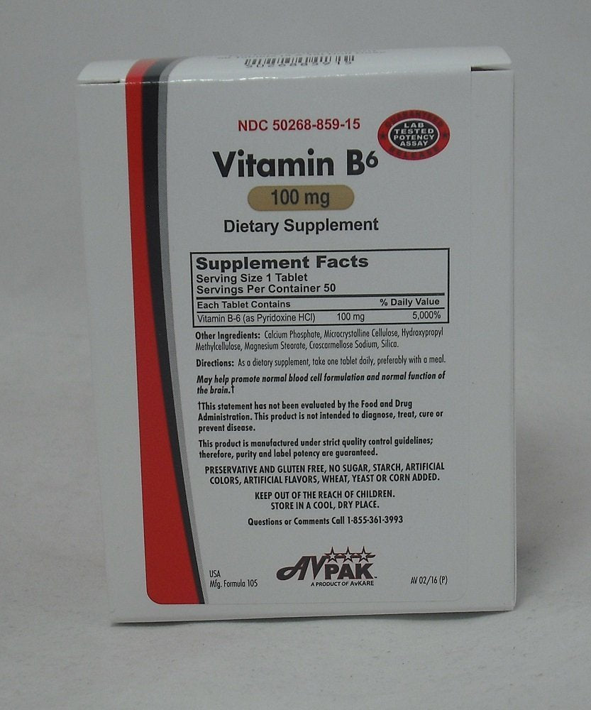Avpak Vitamin B-6 100 MG Tablets - 50 Count
