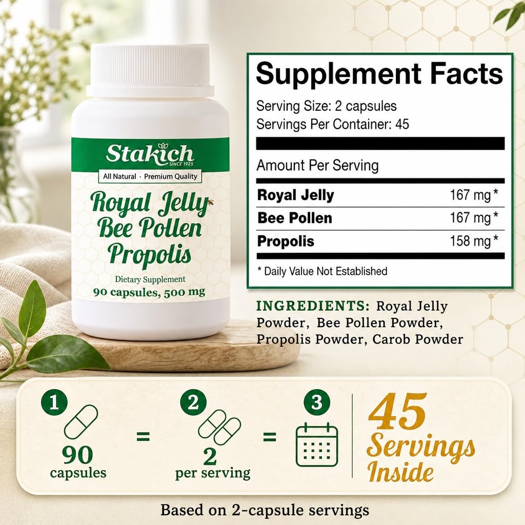 Stakich Royal Jelly Bee Pollen Propolis 500 mg - 90 Capsules - image 3