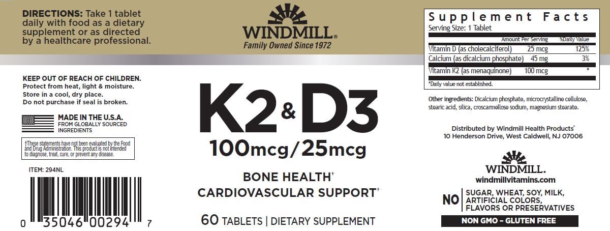 Windmill Vitamin K-2 with D-3 100mcg - 60 Tablets - image 2