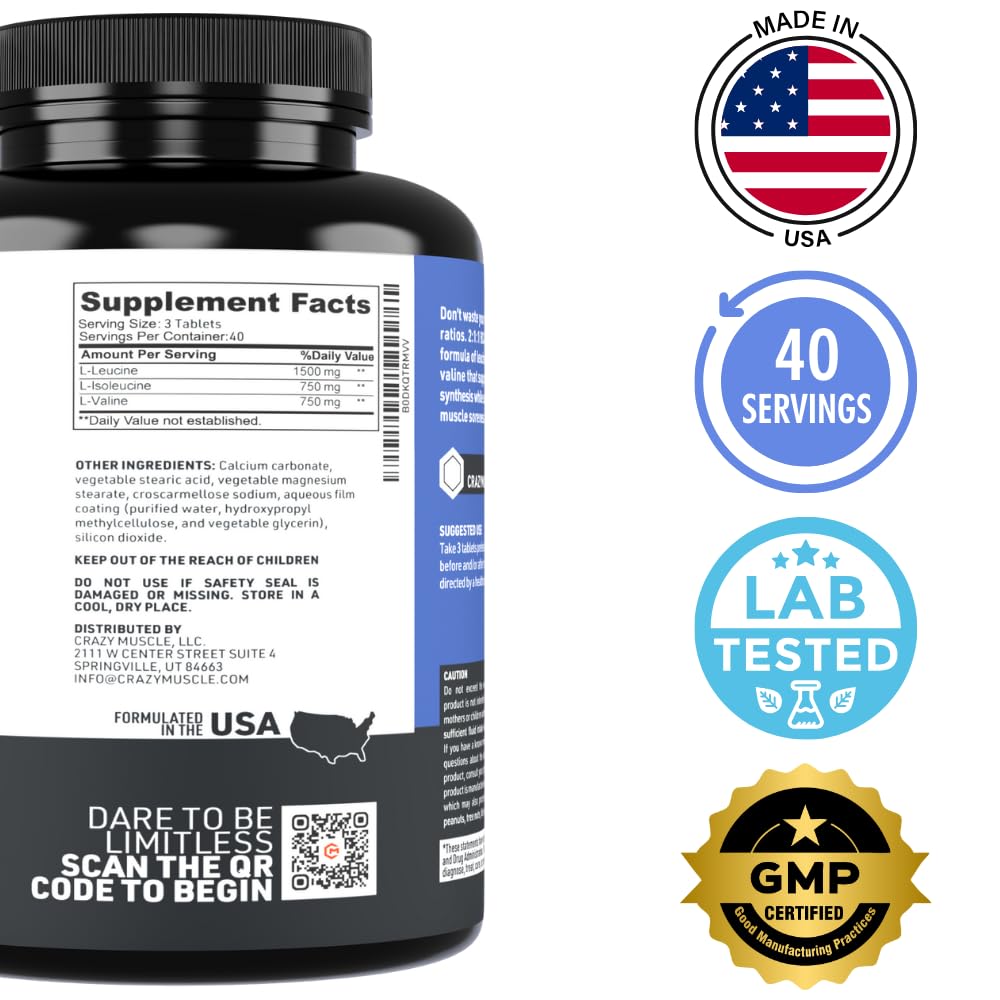 Crazy Muscle BCAA 3000mg 2:1:1 Branched-Chain Amino Acids - 120 Tablets - image 9